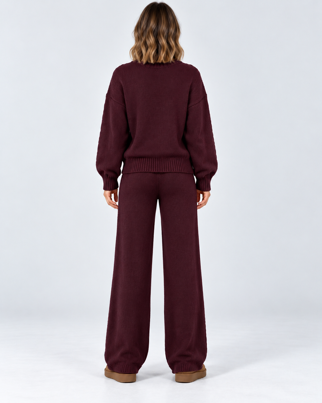 Women's Cable Knit Co-Ord Set with Crew Neck Jumper and Wide Leg Trousers in Dark Pink – photo 3
