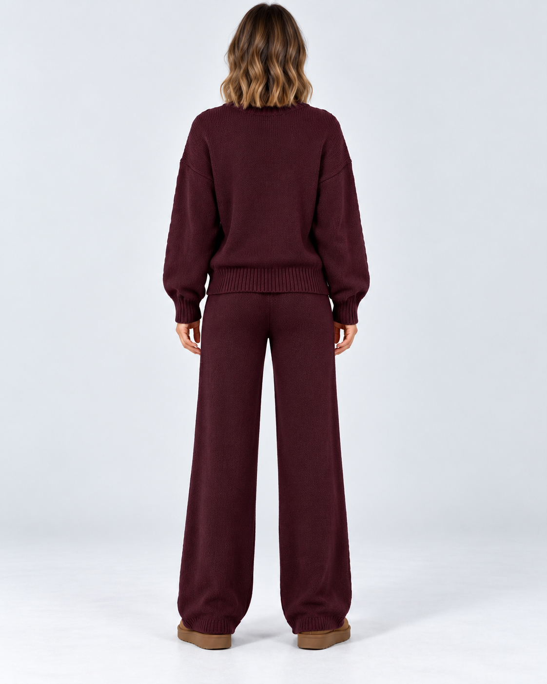Women's Cable Knit Co-Ord Set with Crew Neck Jumper and Wide Leg Trousers in Dark Pink – photo 3