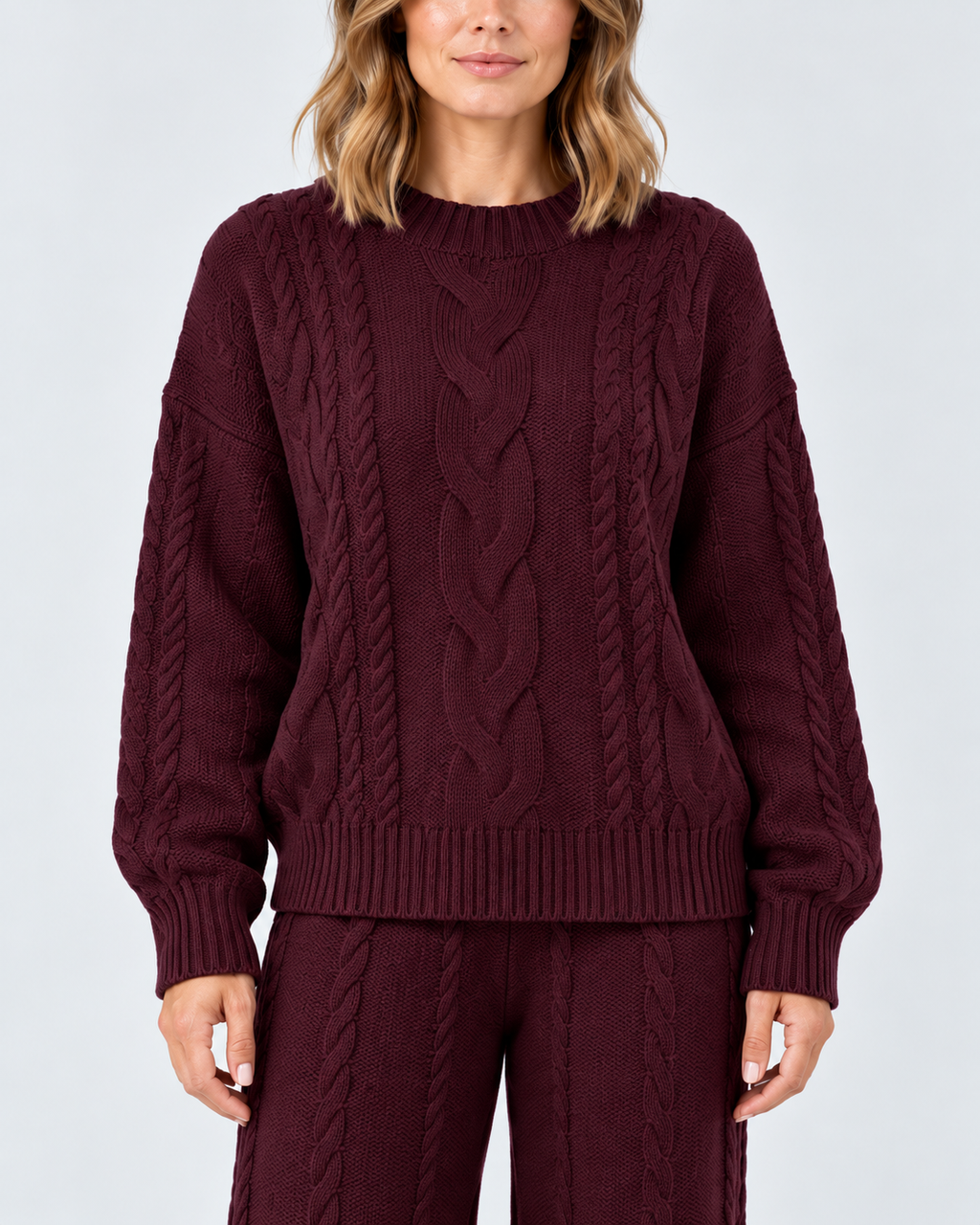 Women's Cable Knit Co-Ord Set with Crew Neck Jumper and Wide Leg Trousers in Dark Pink – photo 4