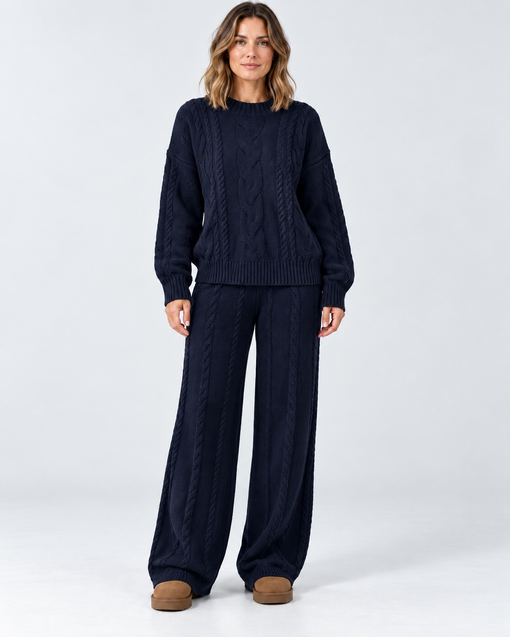 Women's Cable Knit Co-Ord Set with Crew Neck Jumper and Wide Leg Trousers in Navy Blue – photo 1