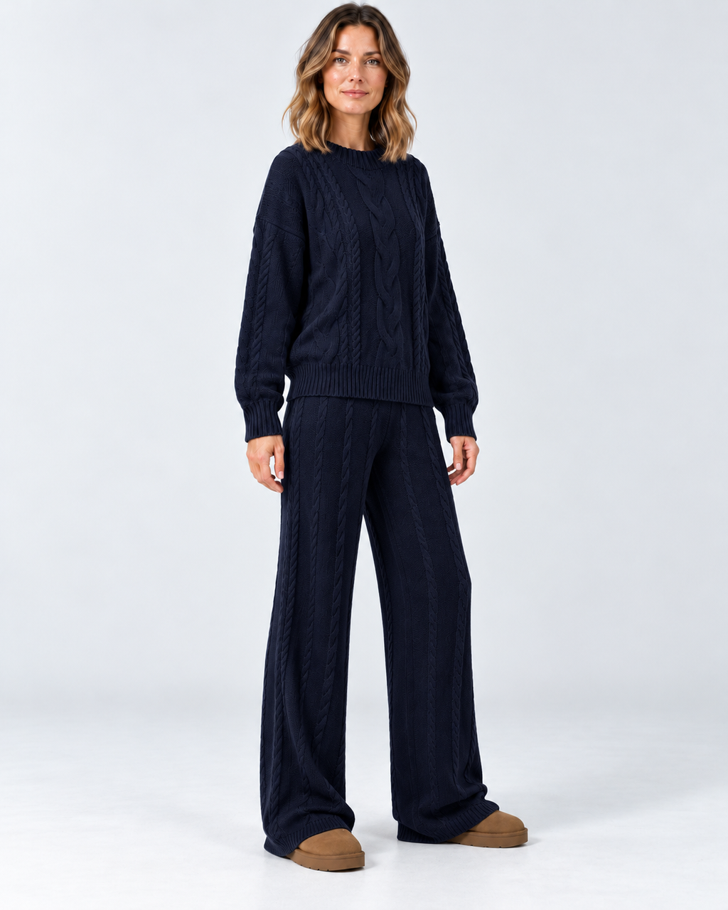 Women's Cable Knit Co-Ord Set with Crew Neck Jumper and Wide Leg Trousers in Navy Blue – photo 2