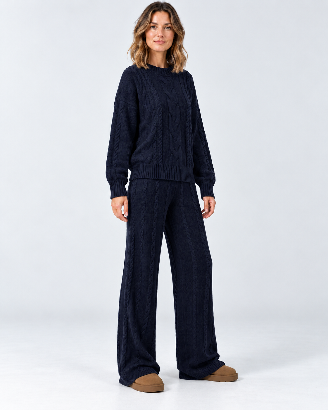 Women's Cable Knit Co-Ord Set with Crew Neck Jumper and Wide Leg Trousers in Navy Blue – photo 2