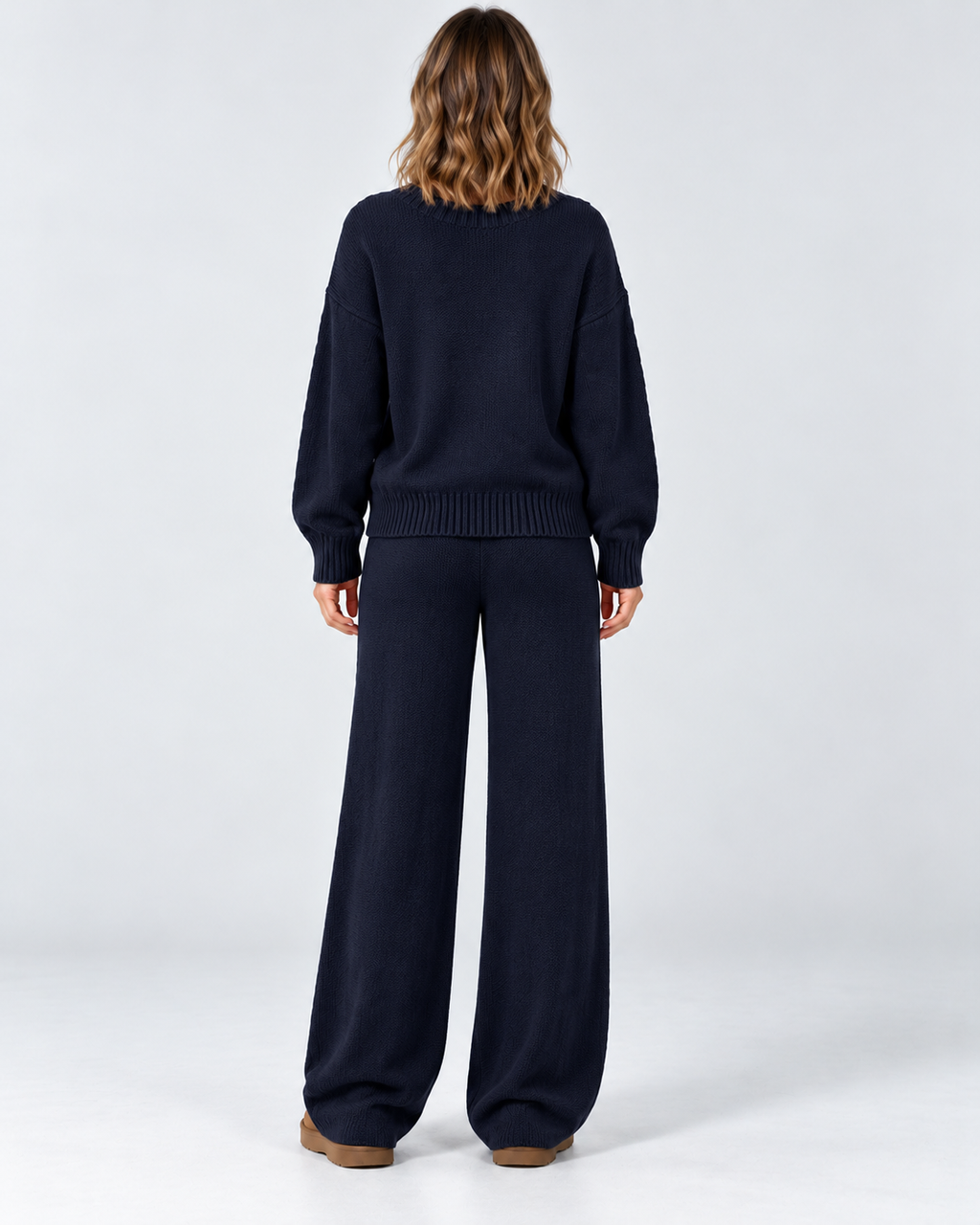 Women's Cable Knit Co-Ord Set with Crew Neck Jumper and Wide Leg Trousers in Navy Blue – photo 3