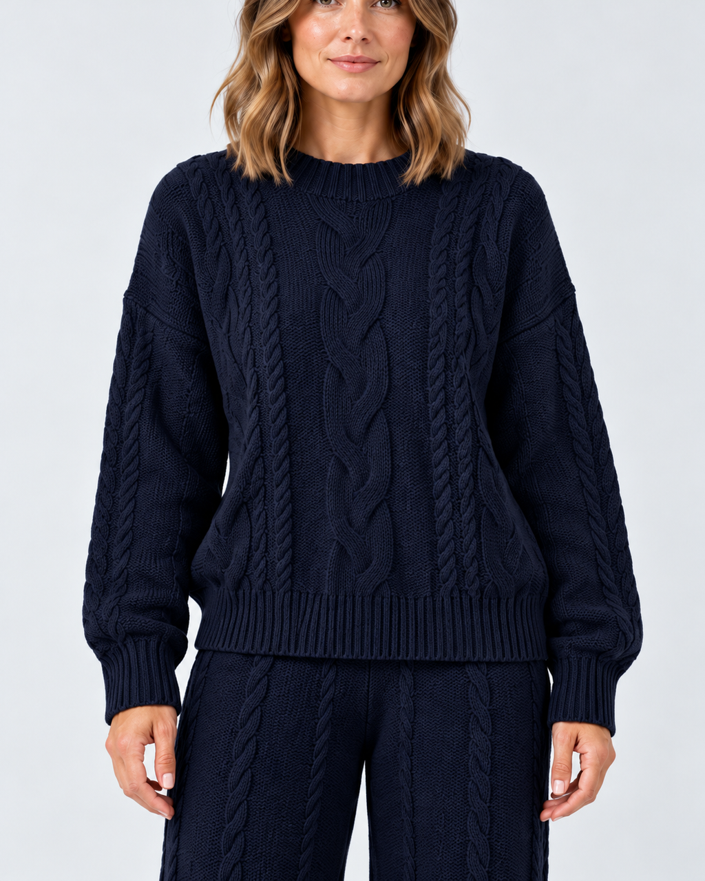 Women's Cable Knit Co-Ord Set with Crew Neck Jumper and Wide Leg Trousers in Navy Blue – photo 4