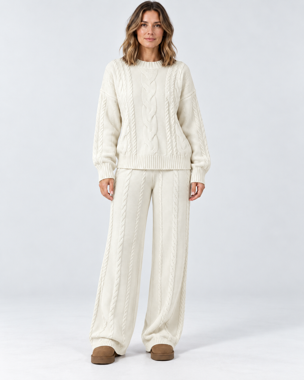 Women's Cable Knit Co-Ord Set with Crew Neck Jumper and Wide Leg Trousers in White – photo 1