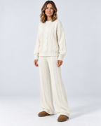 Women's Cable Knit Co-Ord Set with Crew Neck Jumper and Wide Leg Trousers in White – photo 2