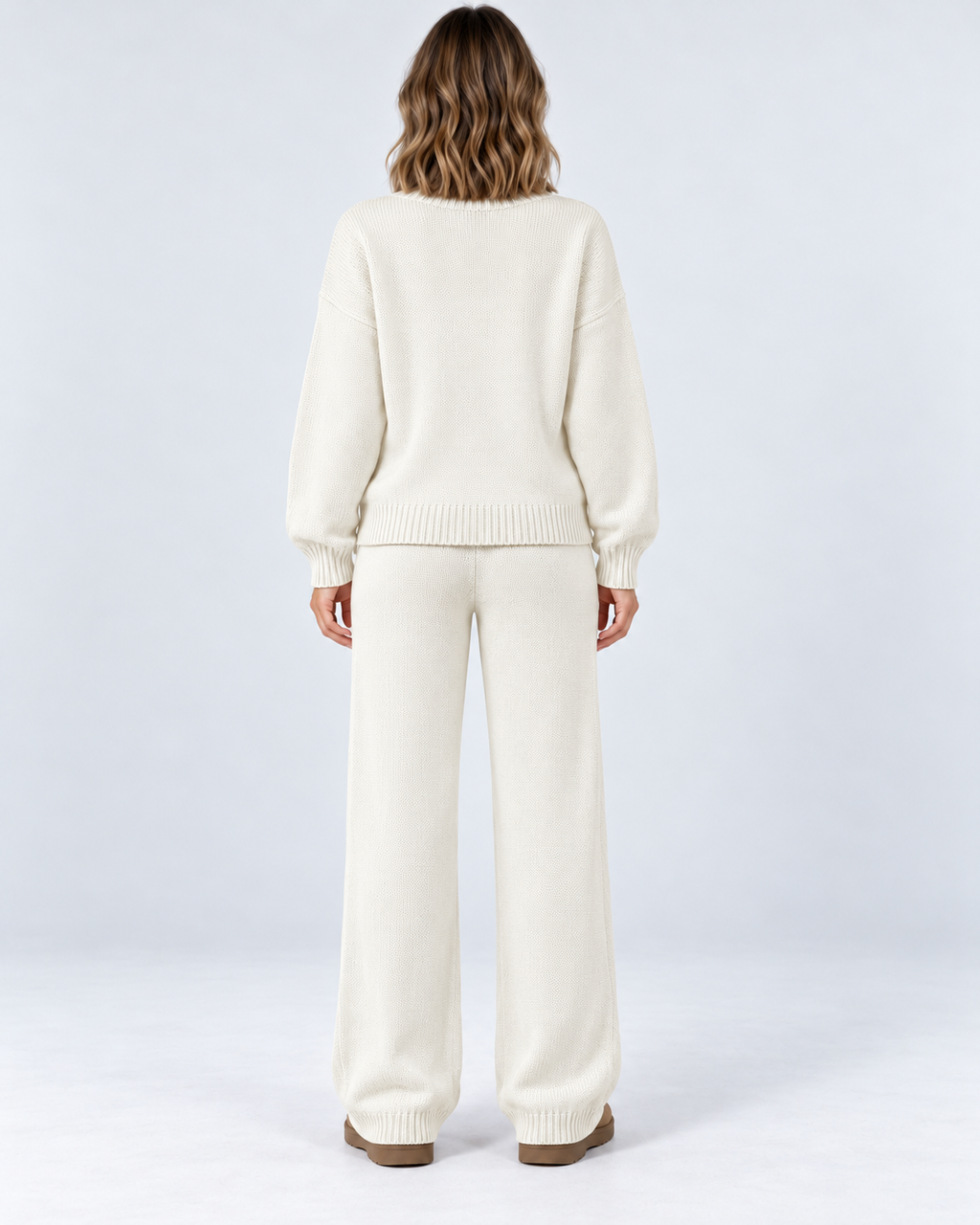 Women's Cable Knit Co-Ord Set with Crew Neck Jumper and Wide Leg Trousers in White – photo 3