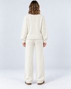 Women's Cable Knit Co-Ord Set with Crew Neck Jumper and Wide Leg Trousers in White – photo 3