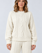 Women's Cable Knit Co-Ord Set with Crew Neck Jumper and Wide Leg Trousers in White – photo 4