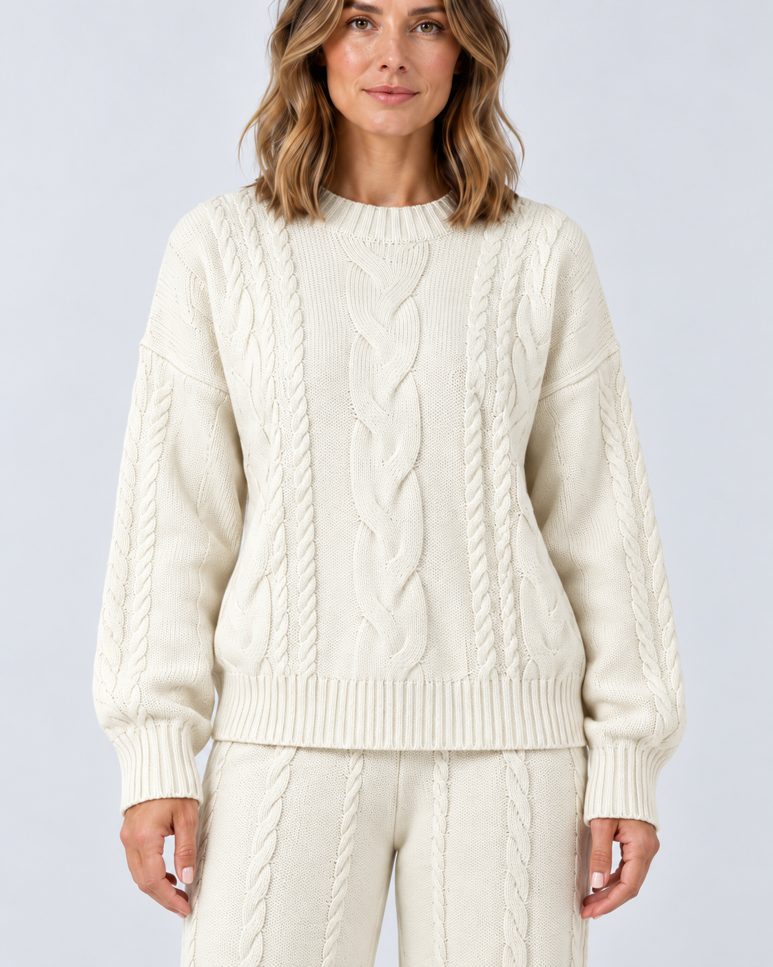 Women's Cable Knit Co-Ord Set with Crew Neck Jumper and Wide Leg Trousers in White – photo 4