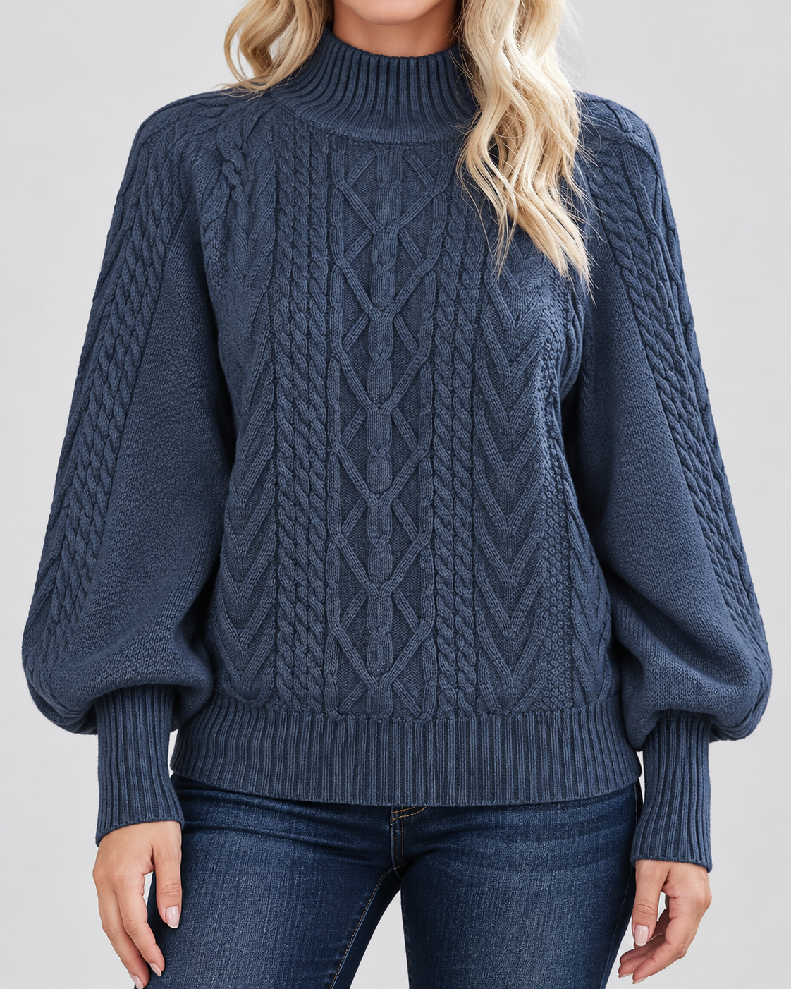 Women's Cable Knit Jumper with High Neck and Balloon Sleeves