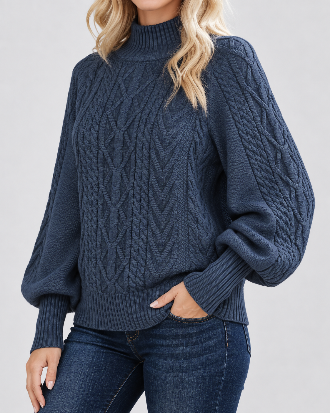 Women's Cable Knit Jumper with High Neck and Balloon Sleeves