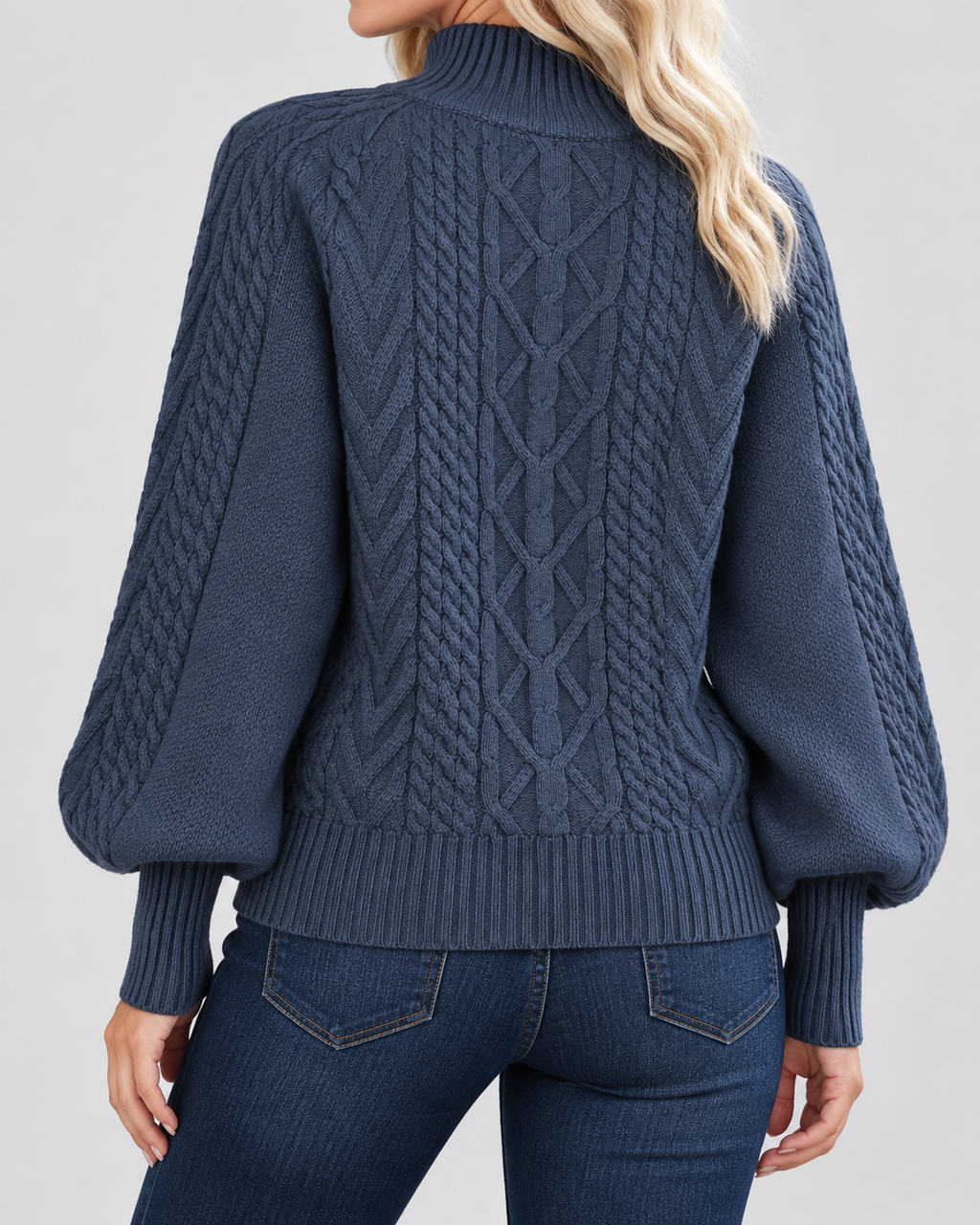Women's Cable Knit Jumper with High Neck and Balloon Sleeves