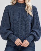 Women's Cable Knit Jumper with High Neck and Balloon Sleeves