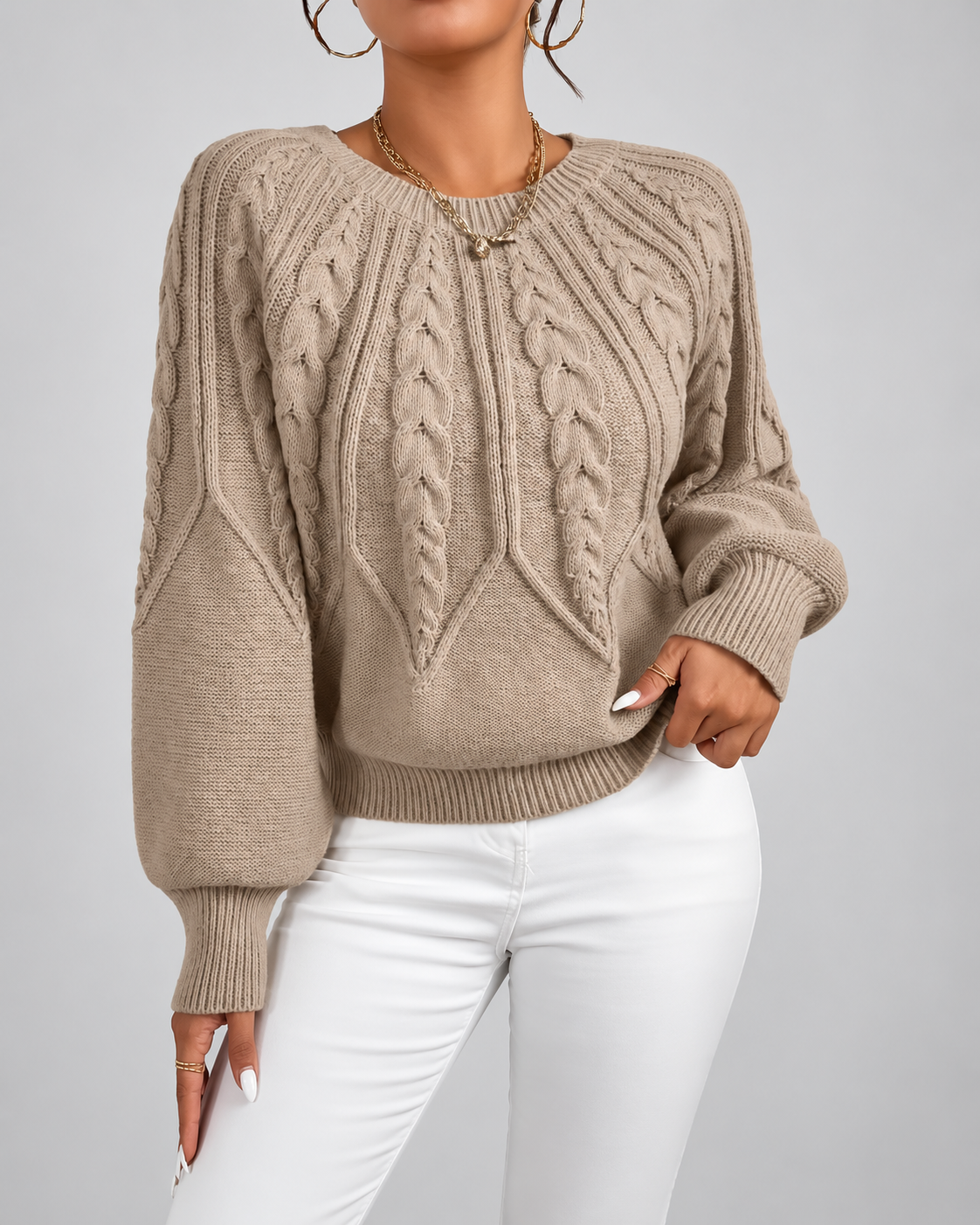 Women's Cable Knit Jumper with Round Neck and Balloon Sleeves