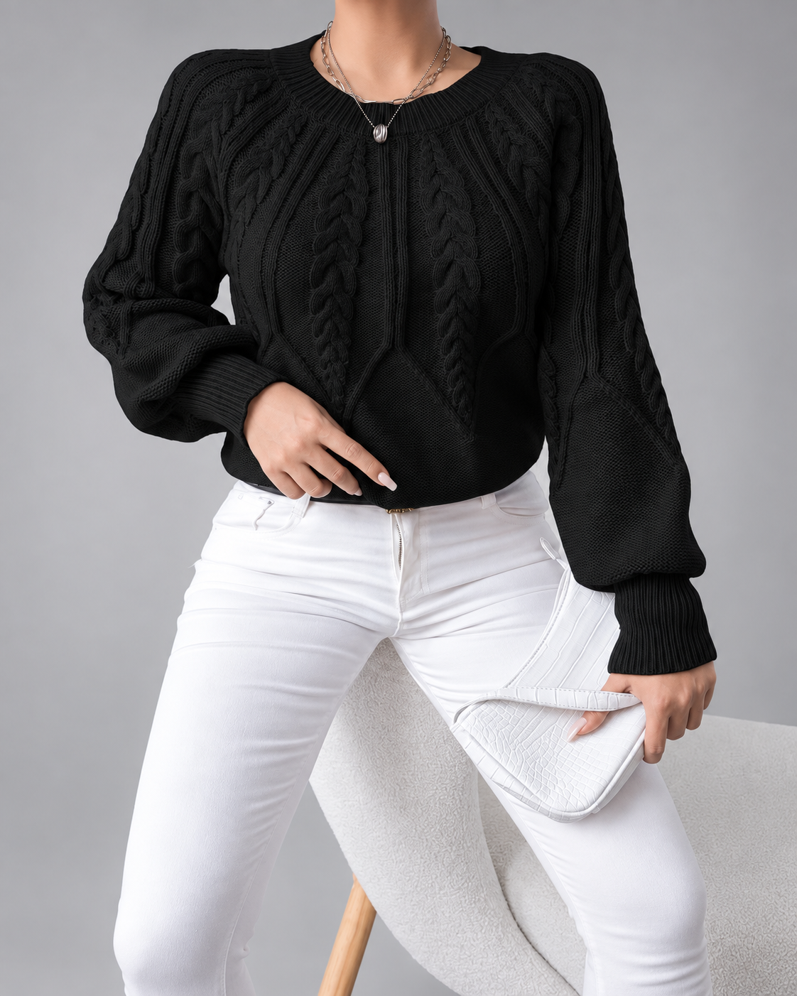 Women's Cable Knit Jumper with Round Neck and Balloon Sleeves