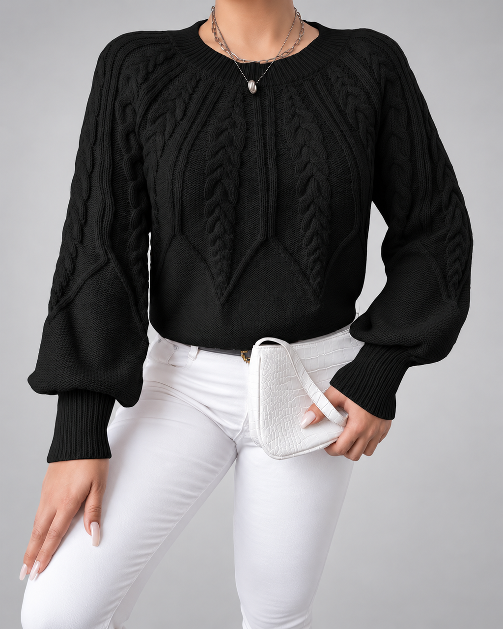 Women's Cable Knit Jumper with Round Neck and Balloon Sleeves
