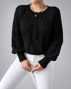 Women's Cable Knit Jumper with Round Neck and Balloon Sleeves