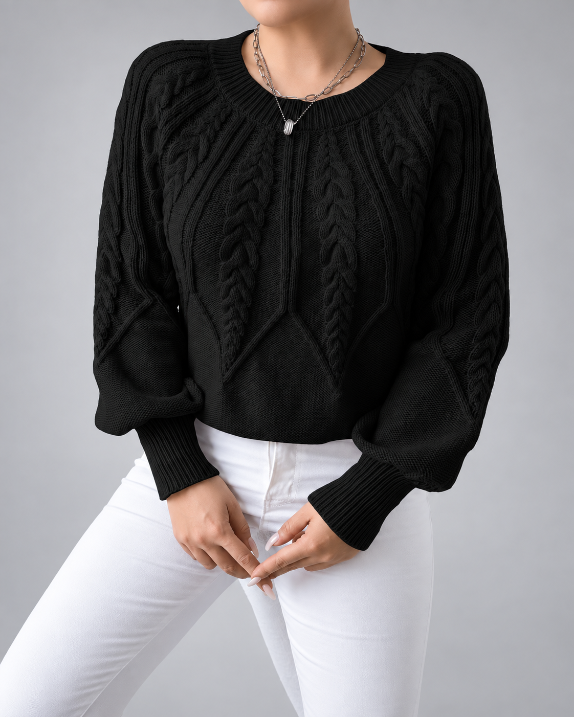 Women's Cable Knit Jumper with Round Neck and Balloon Sleeves