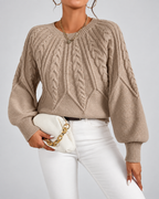 Women's Cable Knit Jumper with Round Neck and Balloon Sleeves