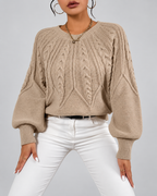 Women's Cable Knit Jumper with Round Neck and Balloon Sleeves