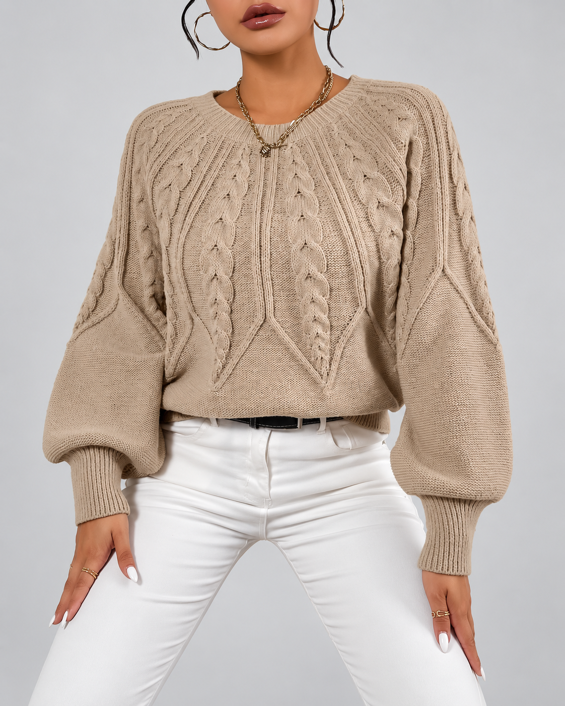 Women's Cable Knit Jumper with Round Neck and Balloon Sleeves