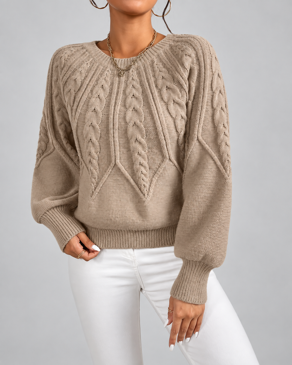 Women's Cable Knit Jumper with Round Neck and Balloon Sleeves