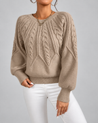 Women's Cable Knit Jumper with Round Neck and Balloon Sleeves