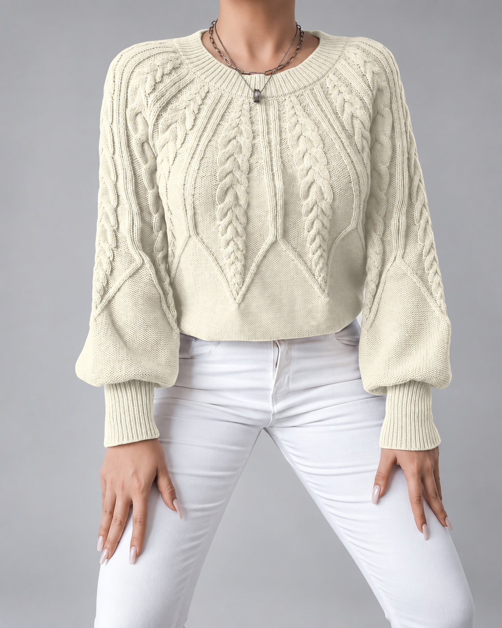 Women's Cable Knit Jumper with Round Neck and Balloon Sleeves