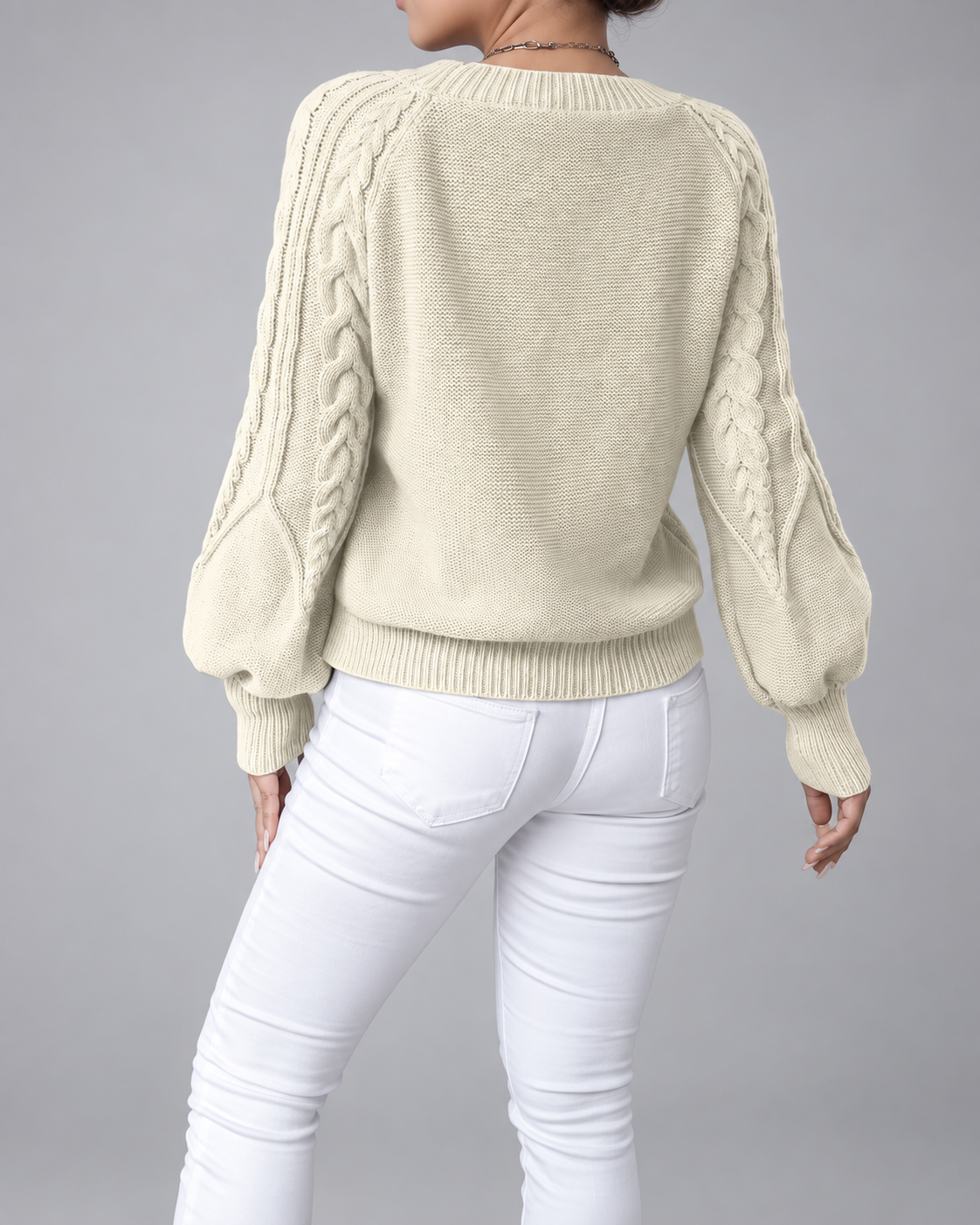 Women's Cable Knit Jumper with Round Neck and Balloon Sleeves