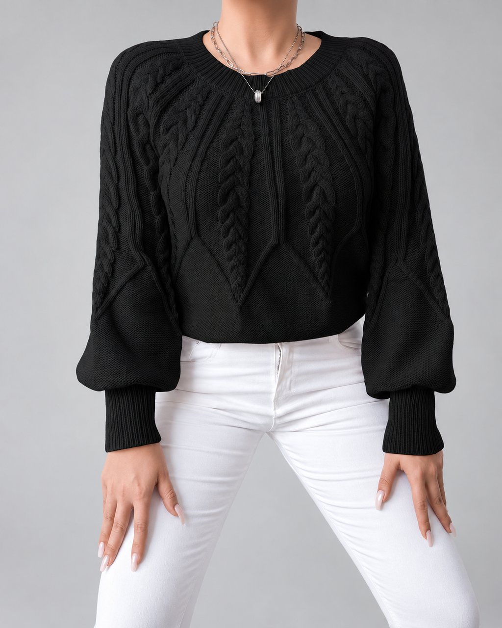 Women's Cable Knit Jumper with Round Neck and Balloon Sleeves