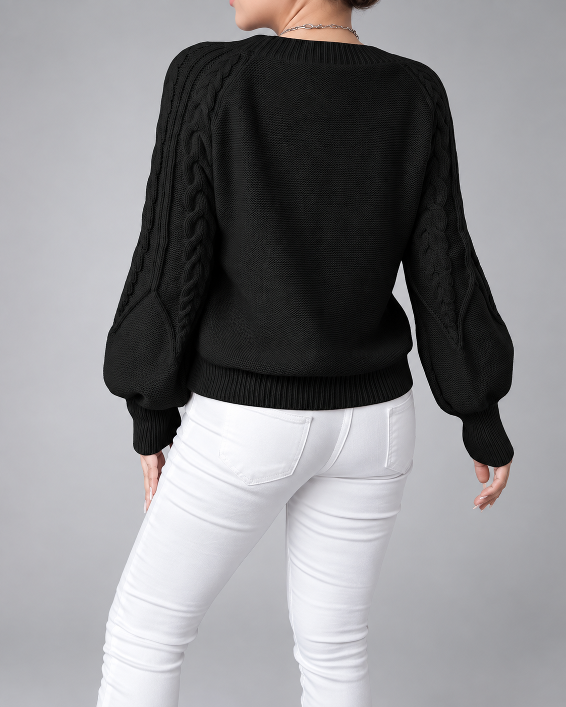 Women's Cable Knit Jumper with Round Neck and Balloon Sleeves