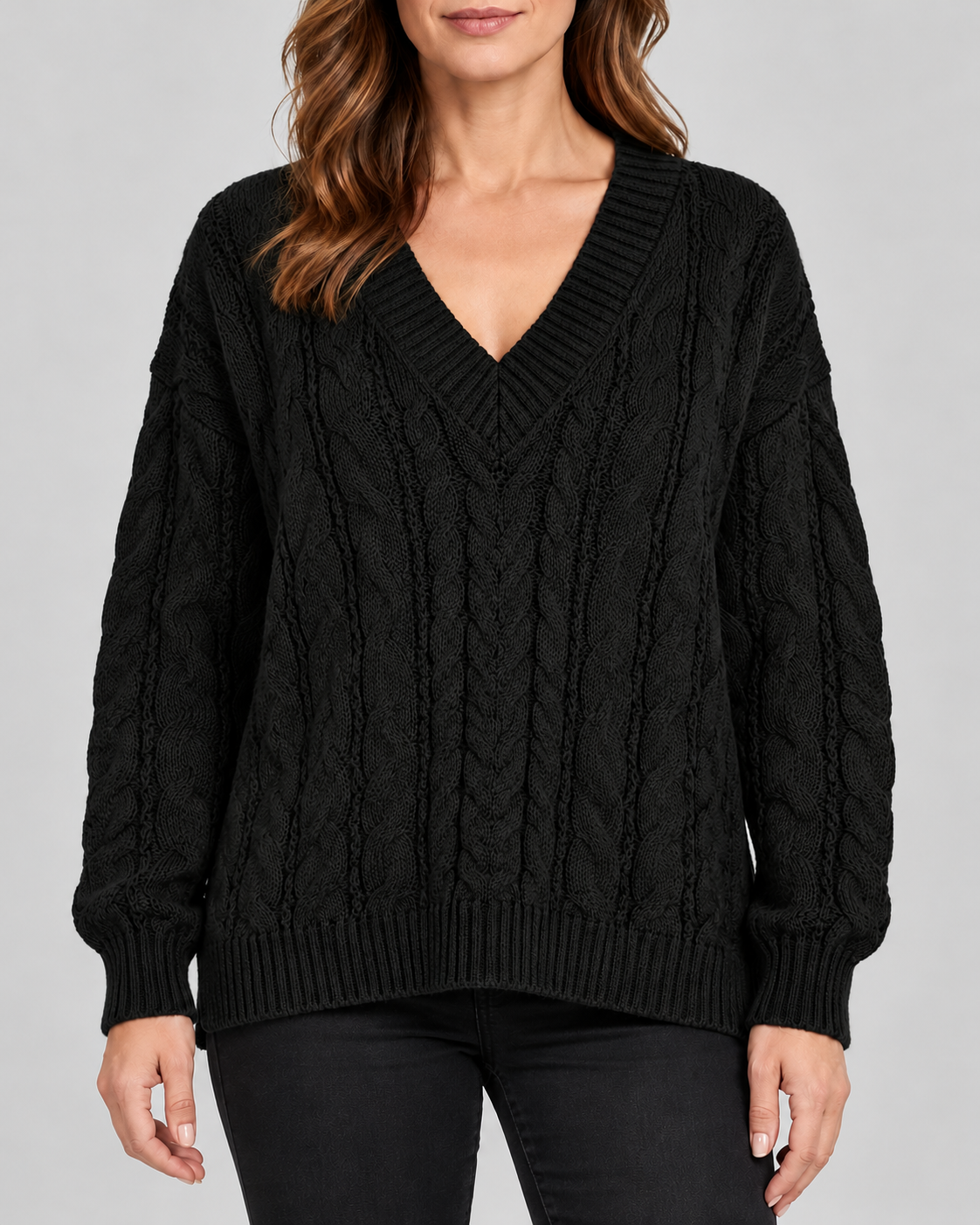 black 01 front cable knit V-neck jumper