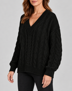 black 02 three-quarter cable knit V-neck jumper