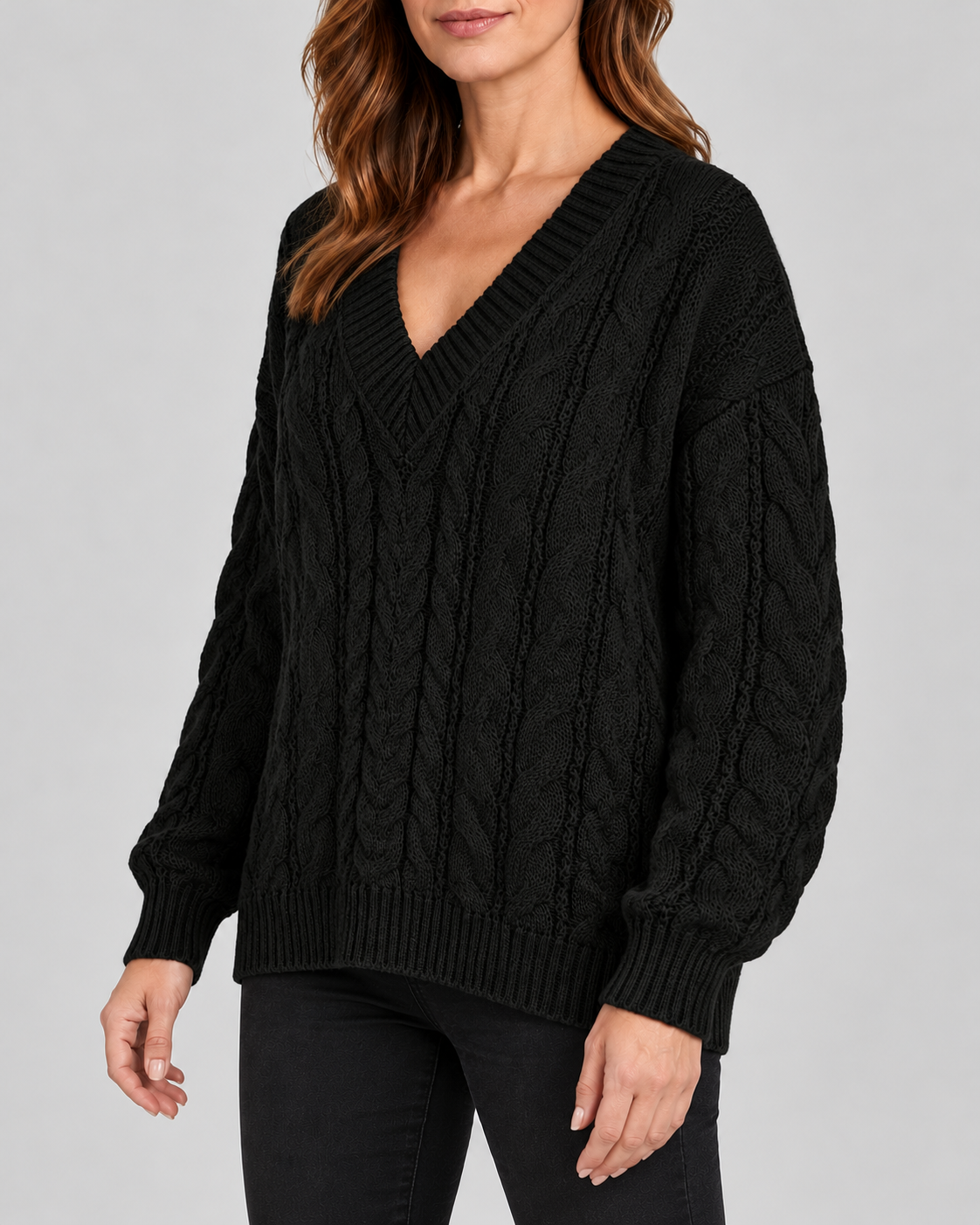 black 02 three-quarter cable knit V-neck jumper