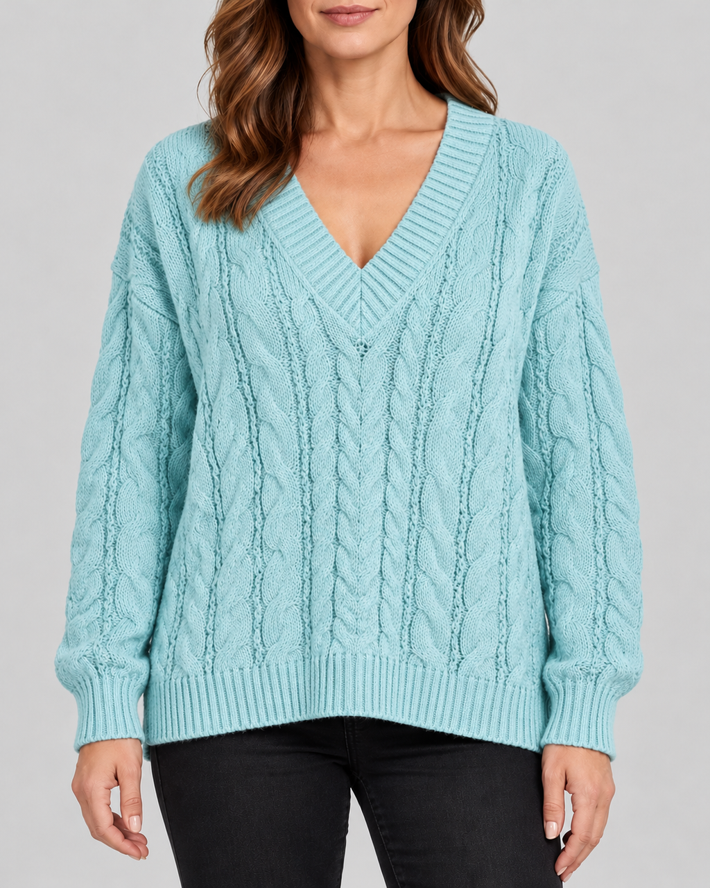 blue 01 front cable knit V-neck jumper
