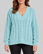 blue 01 front cable knit V-neck jumper