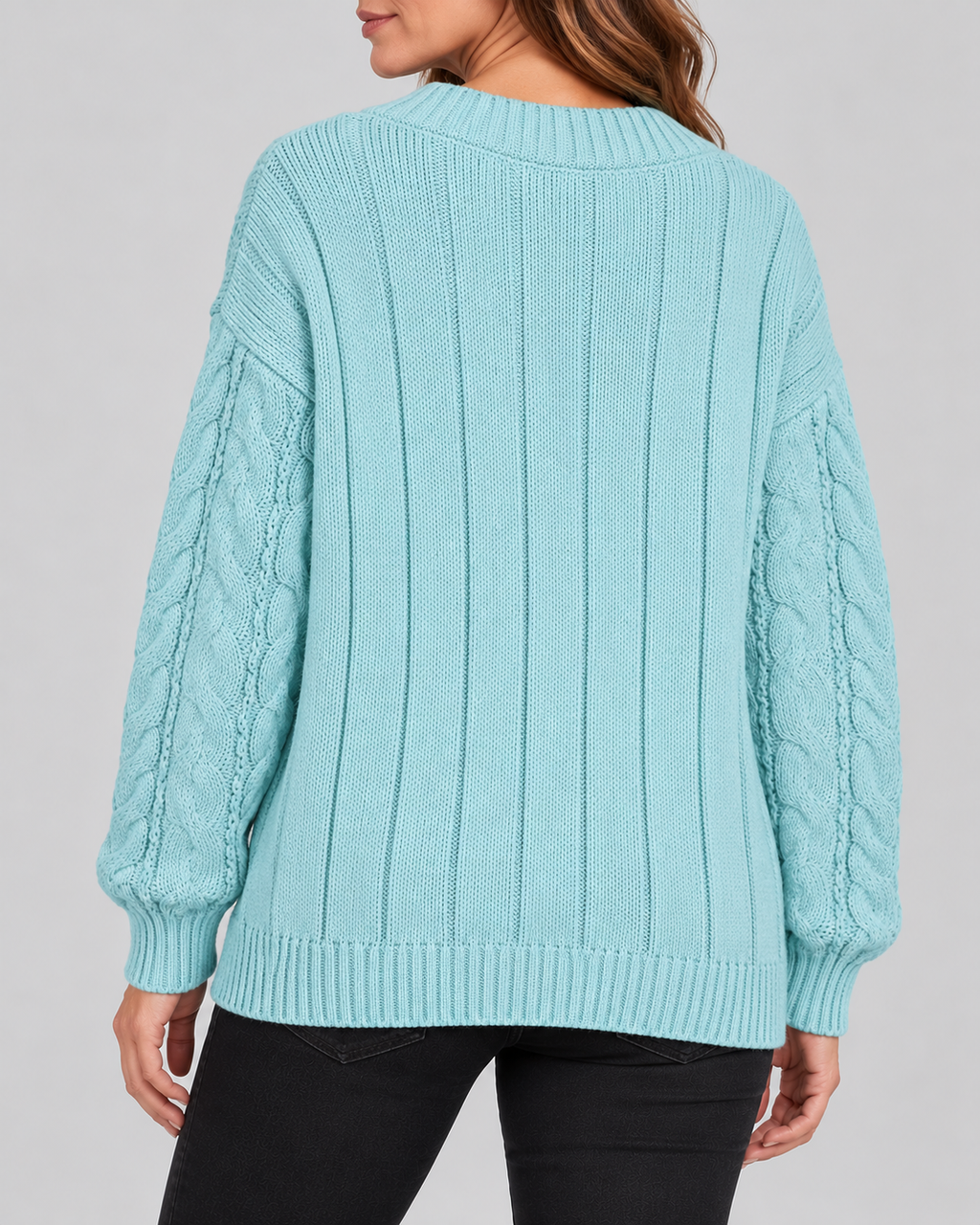 blue 03 back cable knit V-neck jumper