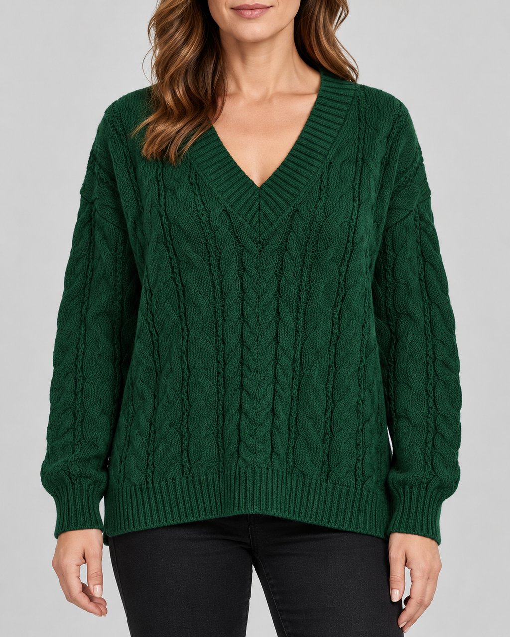 Green cable knit V-neck jumper – front view