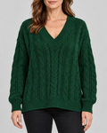 Green cable knit V-neck jumper – front view