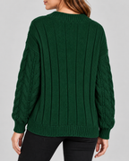 Green cable knit V-neck jumper – back view