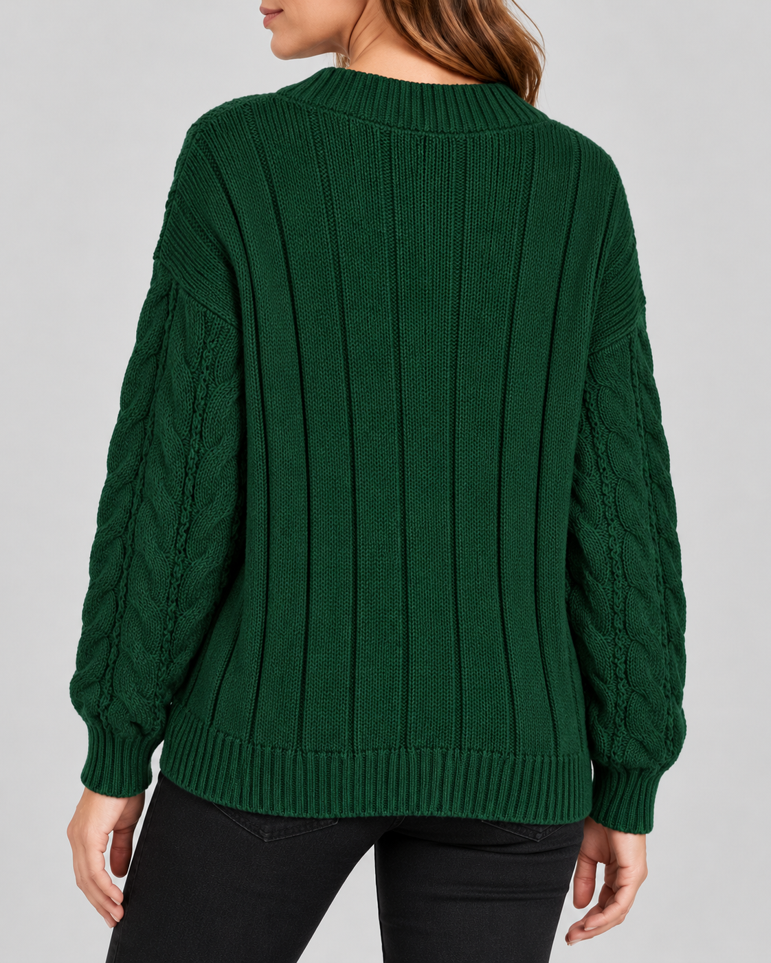 Green cable knit V-neck jumper – back view