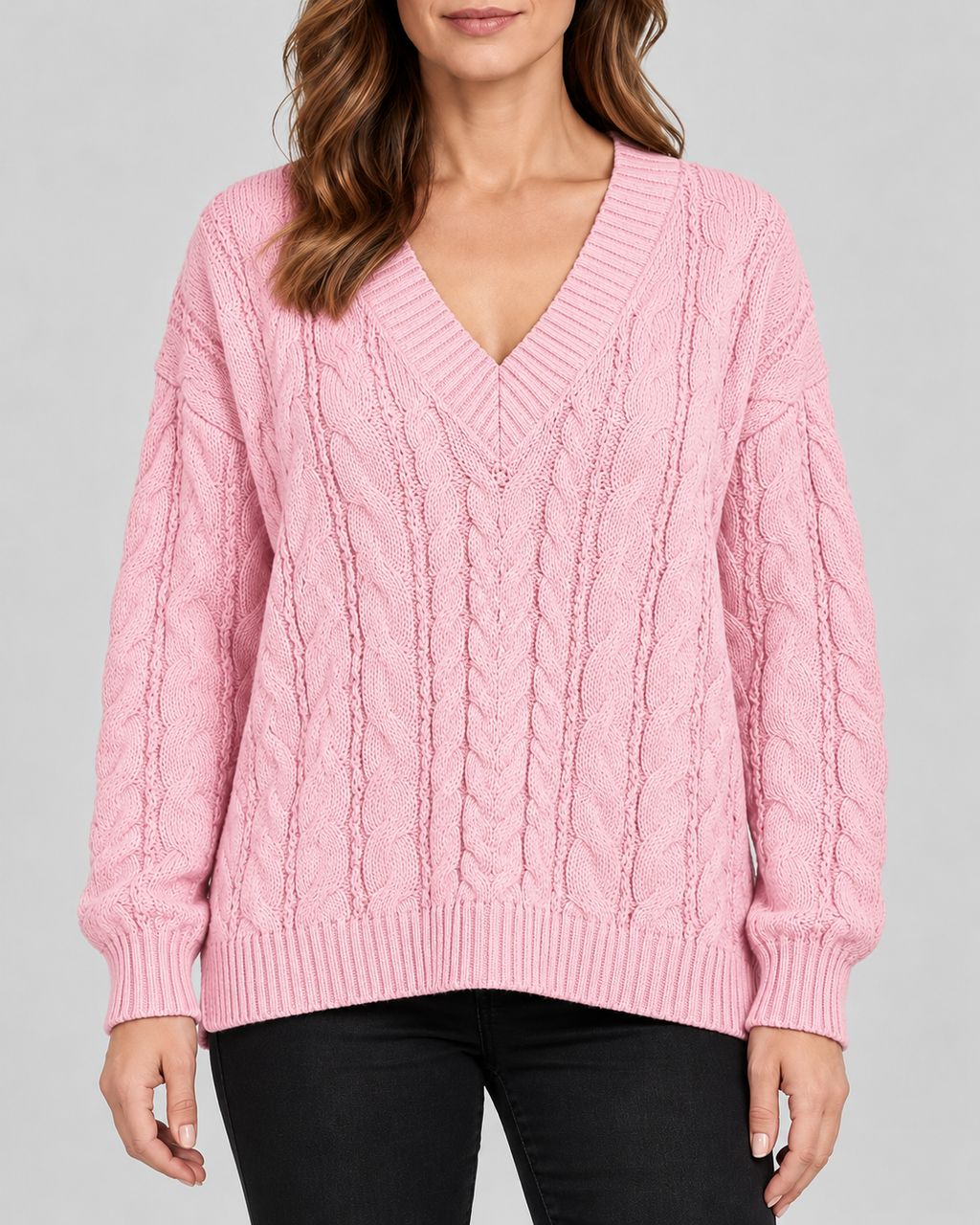 pink 01 front cable knit V-neck jumper