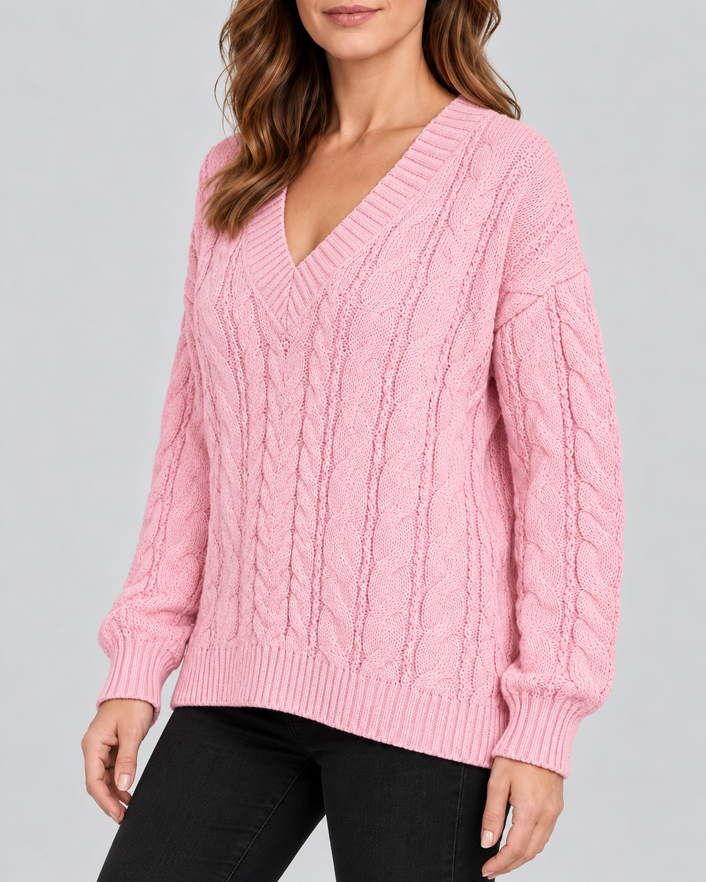 pink 02 three-quarter cable knit V-neck jumper