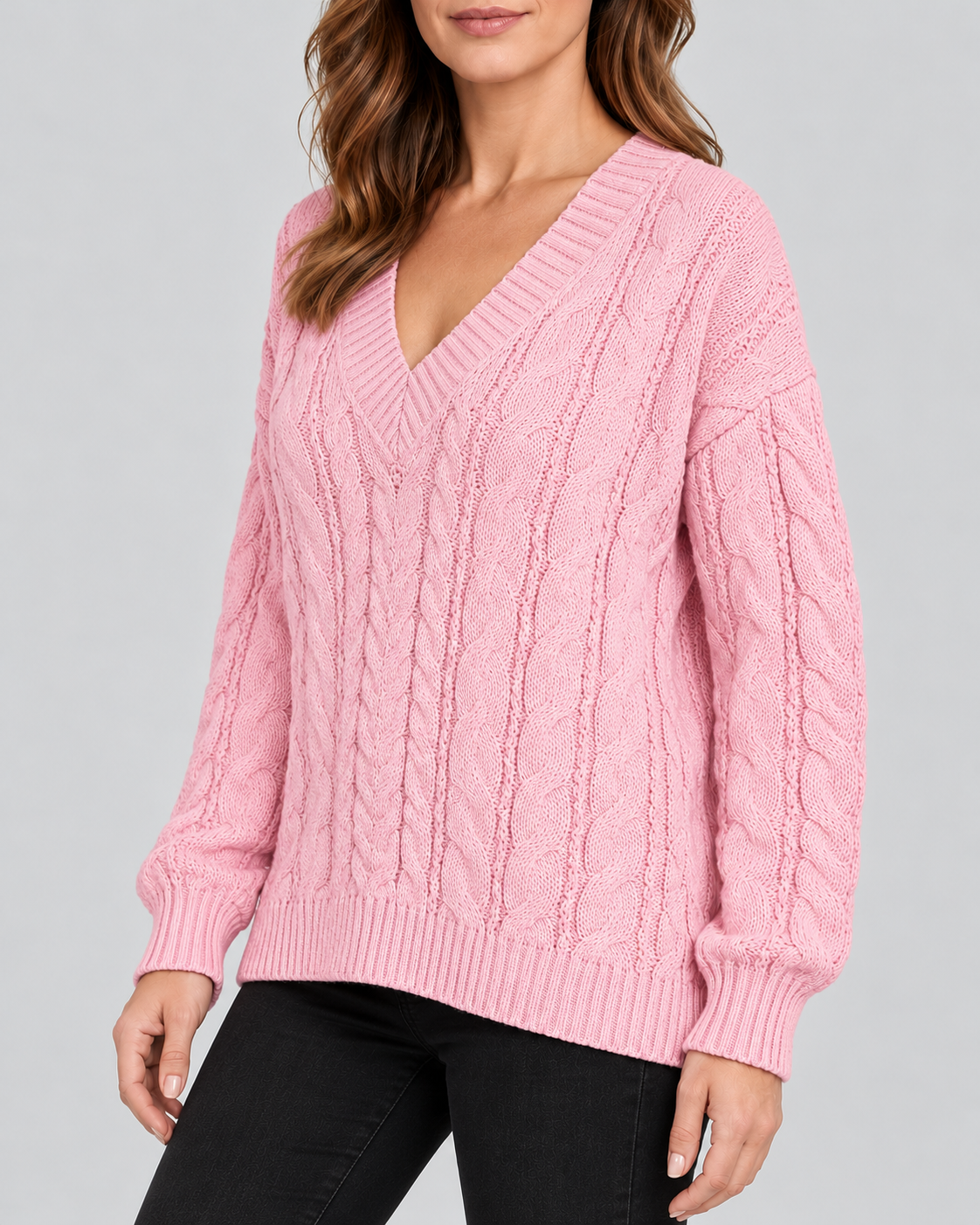 pink 02 three-quarter cable knit V-neck jumper