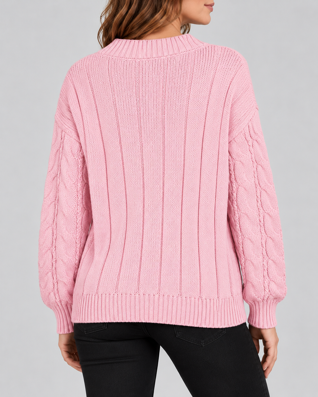 pink 03 back cable knit V-neck jumper