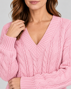 pink 04 detail cable knit V-neck jumper