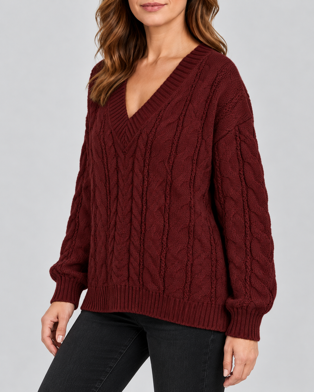 red 02 three-quarter cable knit V-neck jumper