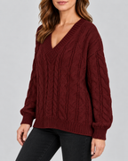 red 02 three-quarter cable knit V-neck jumper