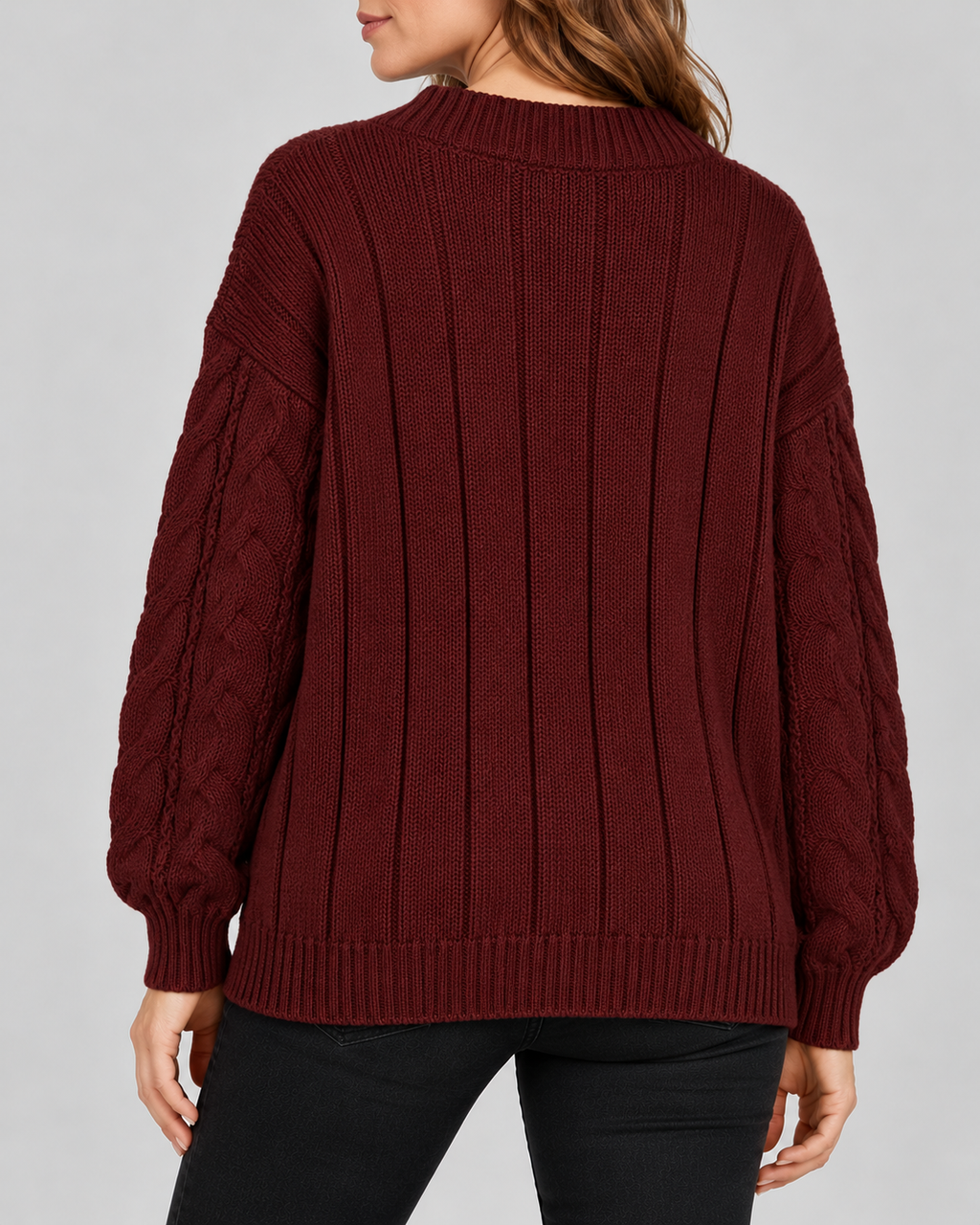 red 03 back cable knit V-neck jumper